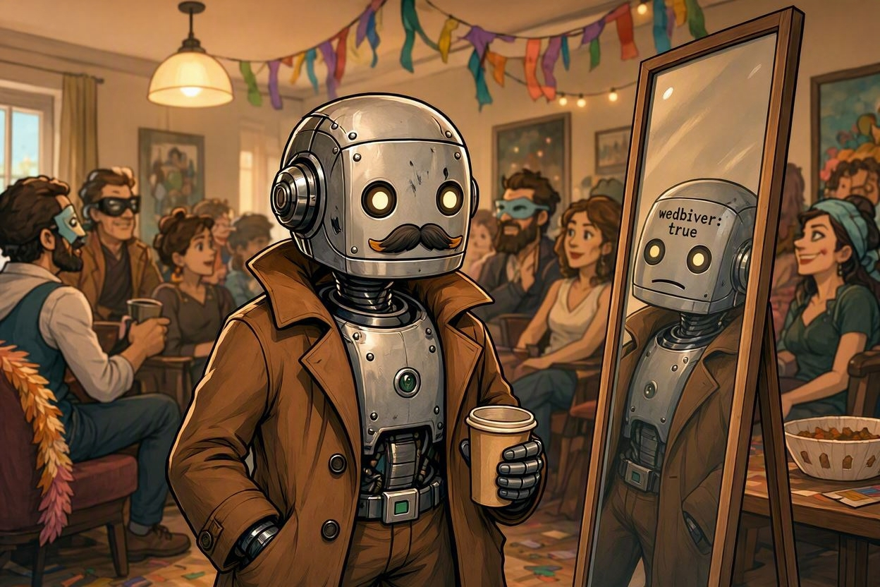 Robot w przebraniu na imprezie kostiumowej, w lustrze widac napis webdriver: true