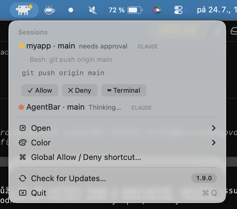 AgentBar menu with a pending Claude Code permission request: yellow needs-approval row, the requested command, and an inline Allow / Deny / Terminal button strip