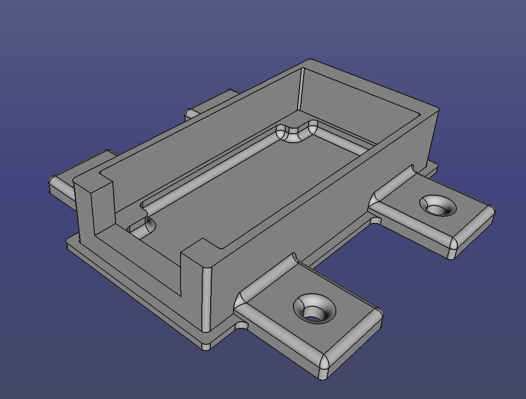 Screenshot of FreeCAD showing the bottom of an enclosure. It's rectangular, has support for the circuit board to lay on, and a clearing in the front left wall for the connector. On both long sides, there are tabs with holes in them to fix the box to something with screws.