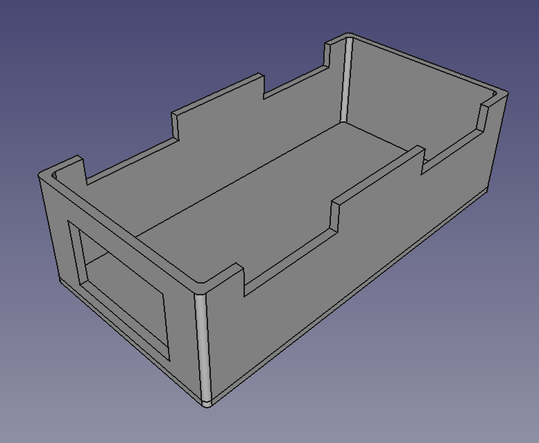 Screenshot of FreeCAD showing the top of an enclosure (flipped upside down). It's rectangular with an open top, and has a clearing in the front left wall for the connector.