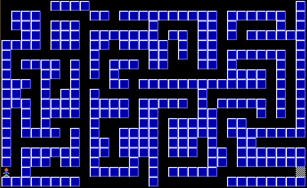 View of a labyrinth made of custom sprites, with another custom sprite character in it, and a white/black checkered flag indicating the finish point