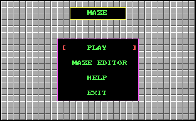 Main menu screen, titled "MAZE", with menu options "PLAY", "MAZE EDITOR", "HELP", "EXIT"