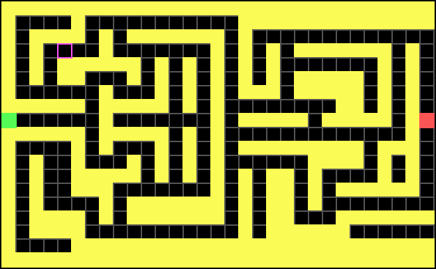 Maze layout editor view, A grid is shown with grey rectangle outlines. Walls are drawn in bright yellow, the start and end positions are shown with filled green and red rectangles. The cursor is shown on an empty square, as a purple outline rectangle.