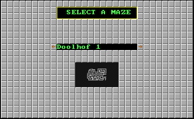 Maze selection screen titled "SELECT A MAZE", Showing the "Doolhof 1" title of the selected maze, and a small preview of the maze layout