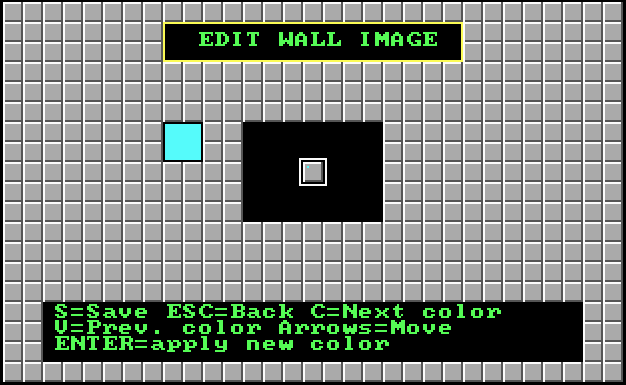 Sprite editor view titled "EDIT WALL IMAGE", showing a grey wall tile with a cyan pixel-sized cursor. To the left is a larger square showing the selected color. At the bottom there are keyboard command instructions: "S=Save ESC=Back C=Next color V=Prev. color Arrows=Move Enter=apply new color"