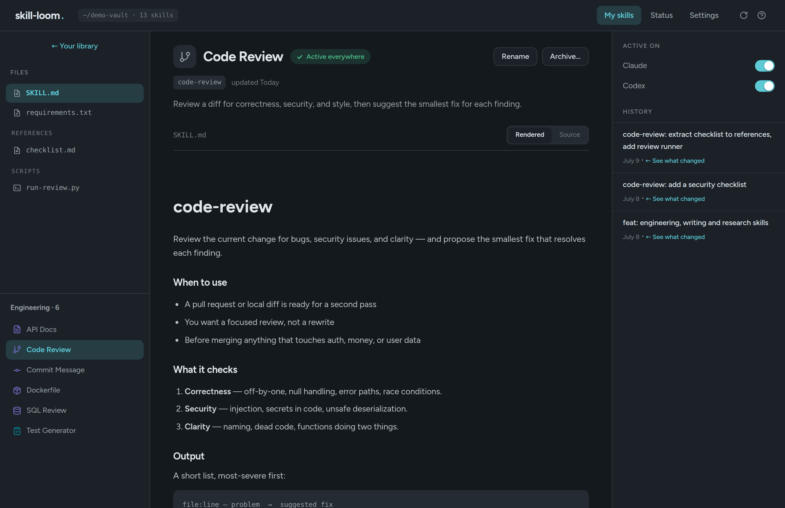 skill-loom — skill page with files, rendered guide and git history