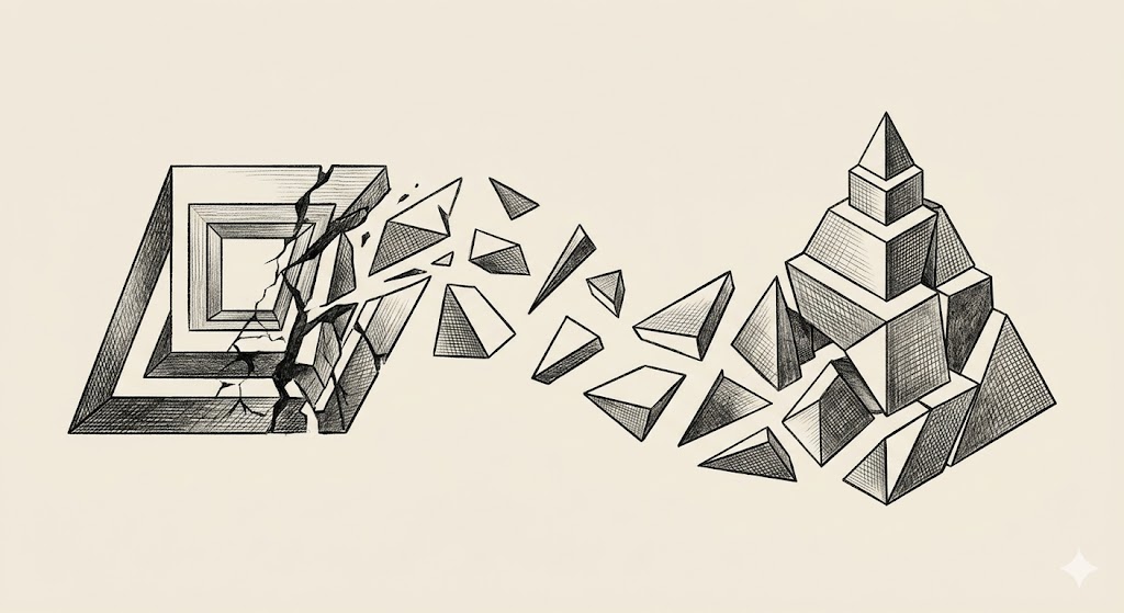 Reinvention — the old form breaks apart and re-forms; the bridge back to labor arbitrage is behind you.