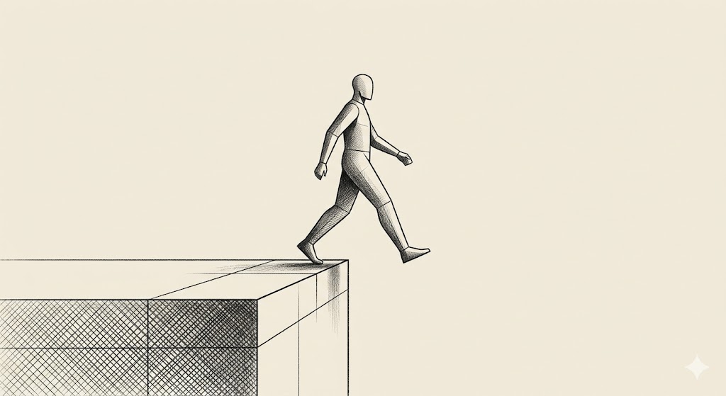 The leap to independence — a figure stepping off a solid edge, representing the freelance tier.