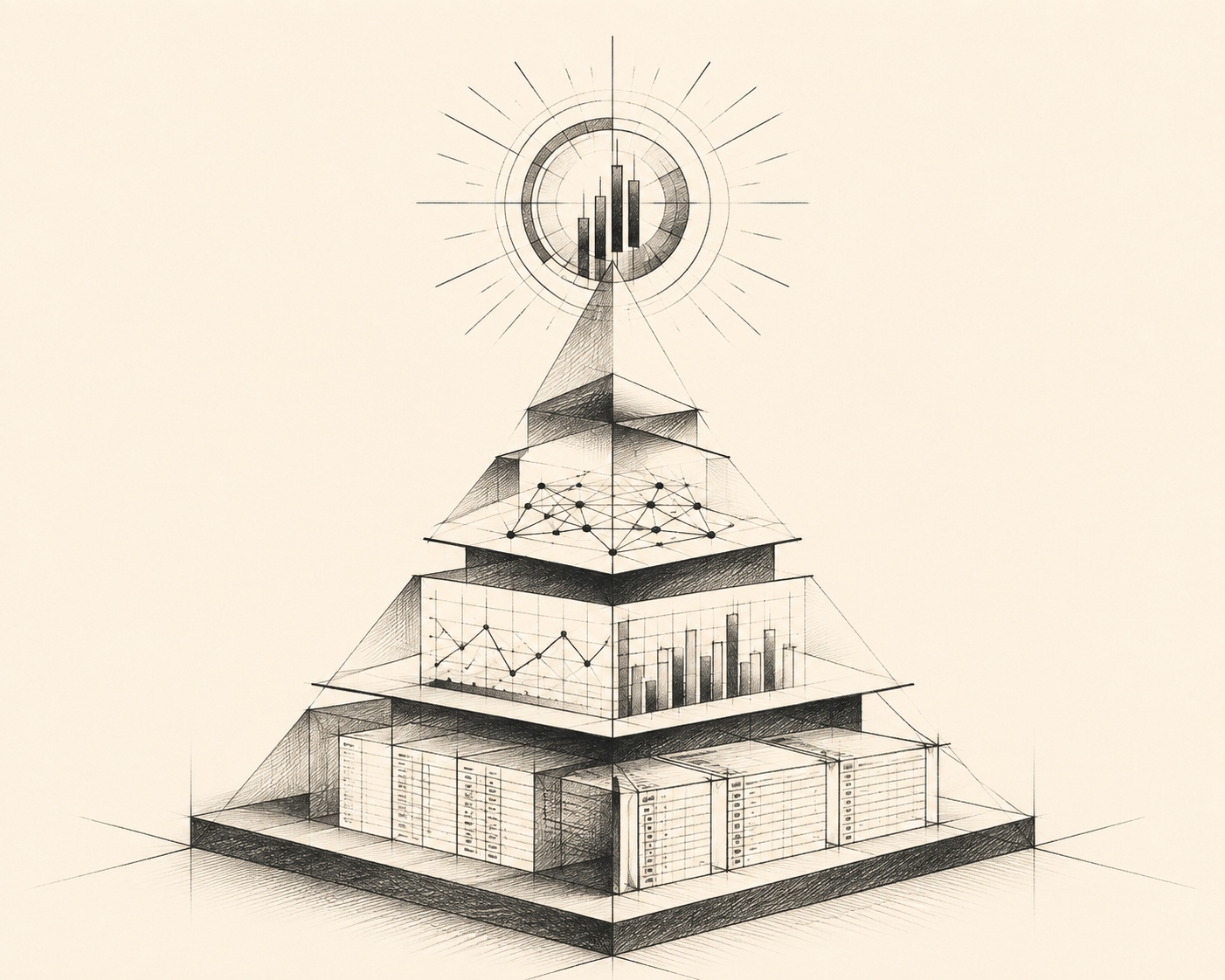 A pyramid built from stacked financial data layers rising to a single converging signal at the top — chart of accounts harmonisation and master data lineage are the unglamorous plumbing that decides whether an agent produces a trustworthy number.