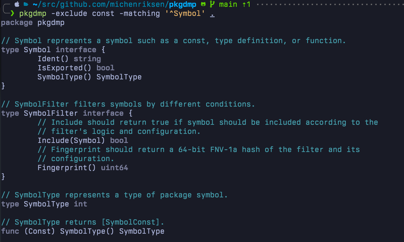 Screenshot of pkgdmp analyzing its own code