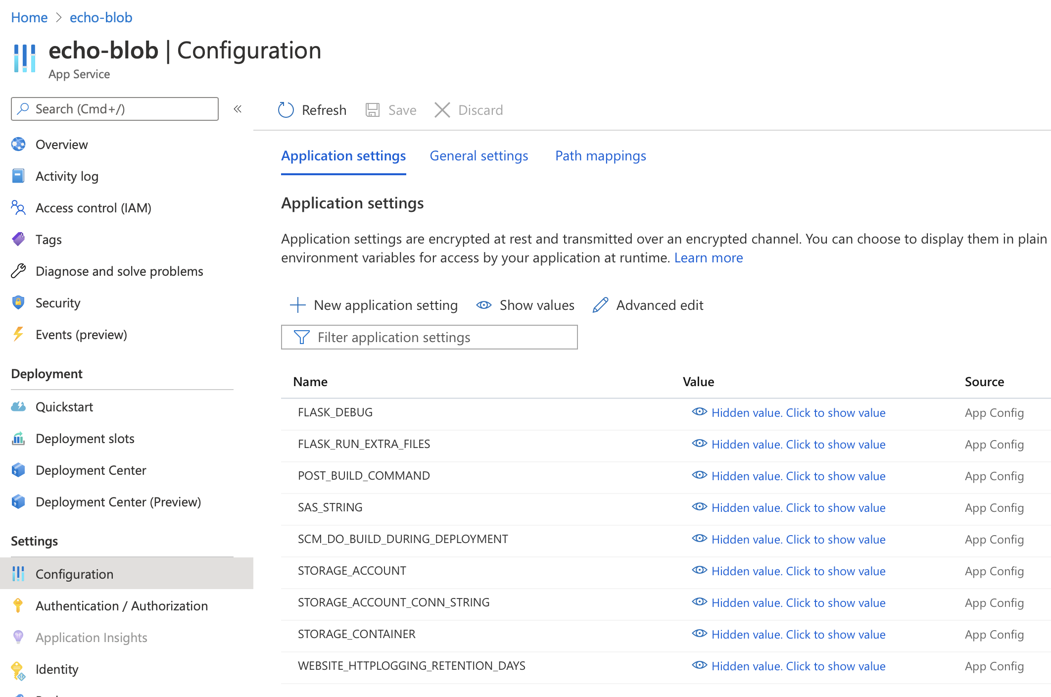 web app configuration in Azure