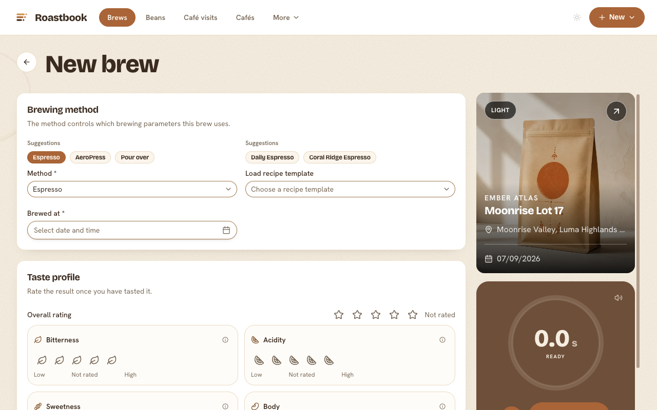 Logging a new espresso brew with method suggestions, taste controls,
    a selected coffee, and the brew timer