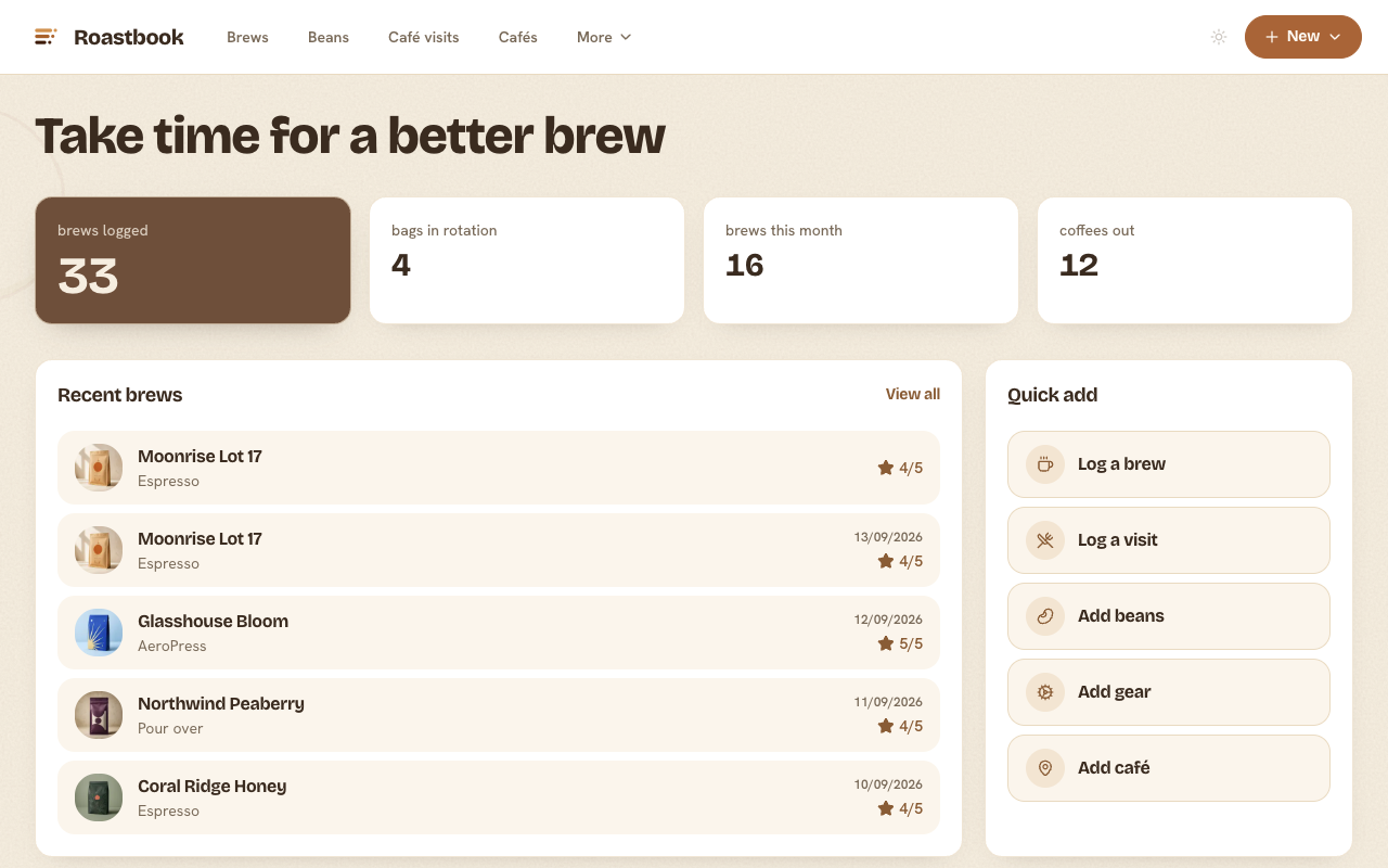 Roastbook overview with recent brews and quick actions