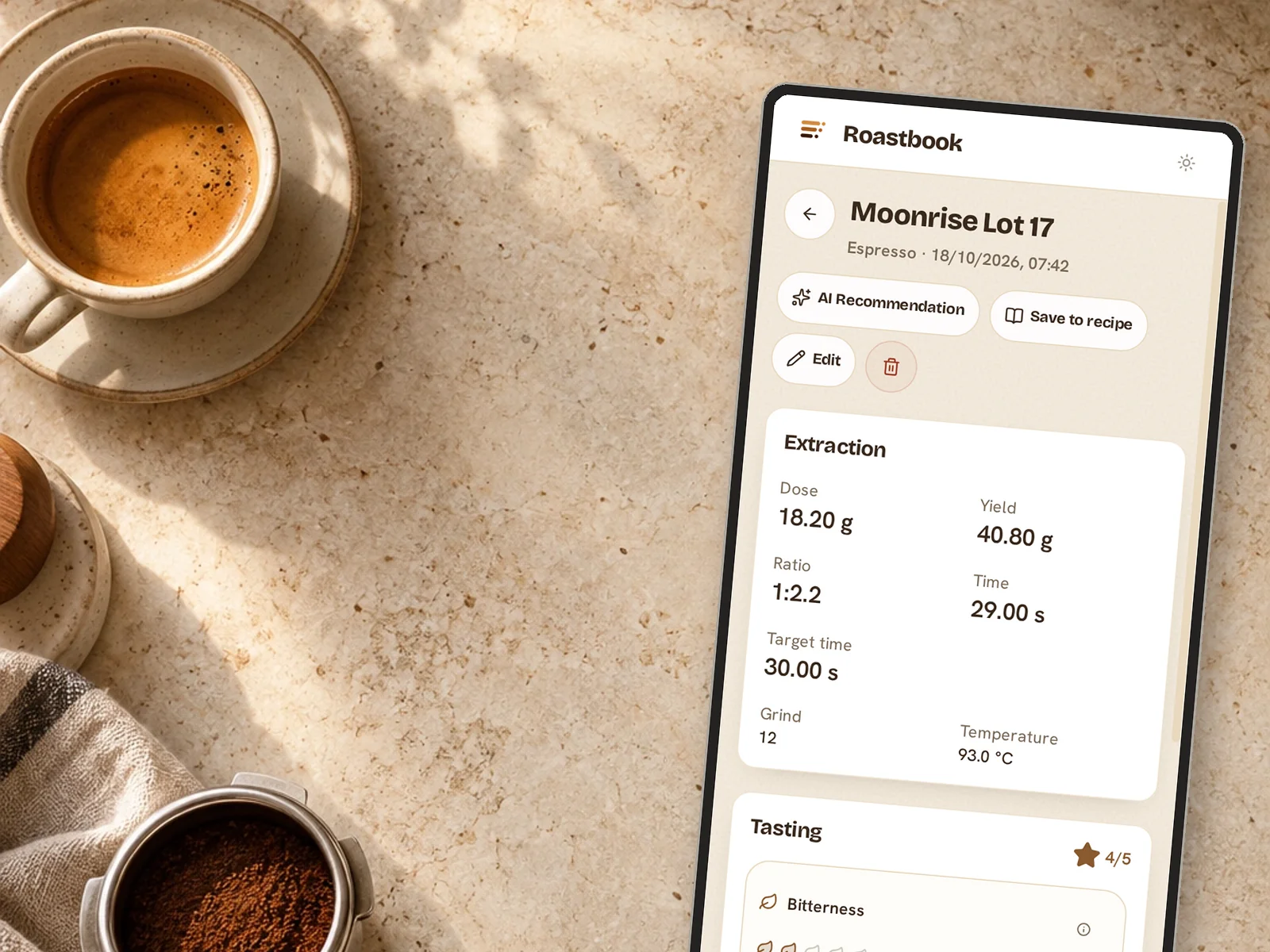 A saved Roastbook coffee recipe beside an espresso setup
