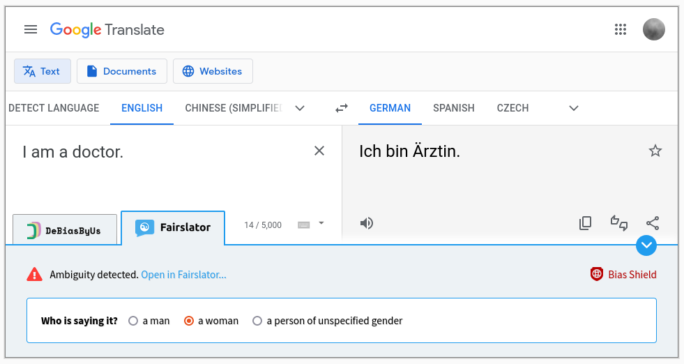 Google Translate with Bias Shield
