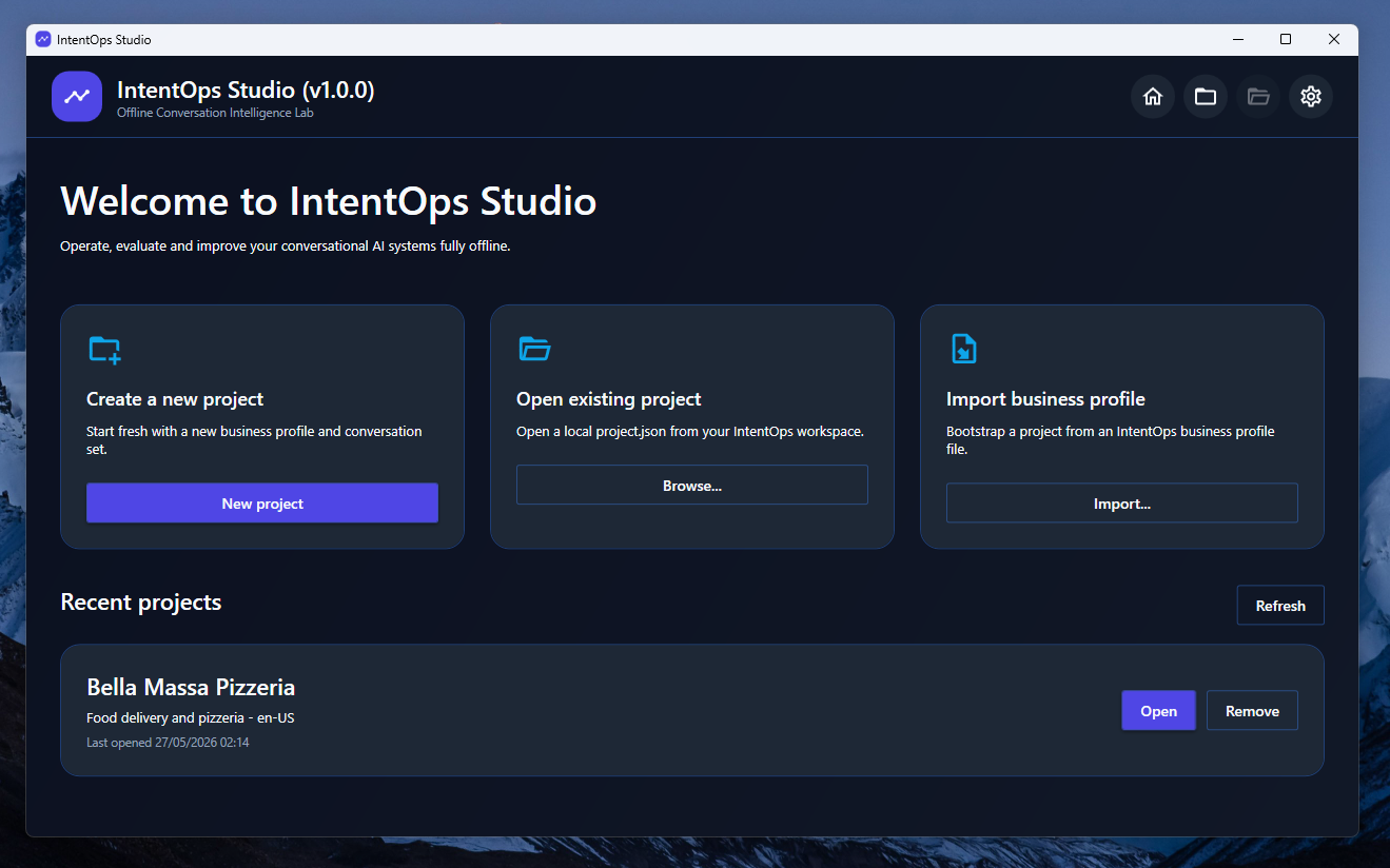 IntentOps Studio welcome screen preview