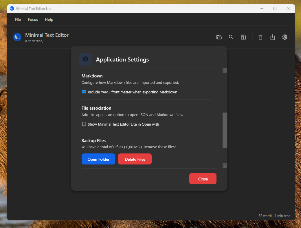 Tela de configurações do Minimal Text Editor Lite