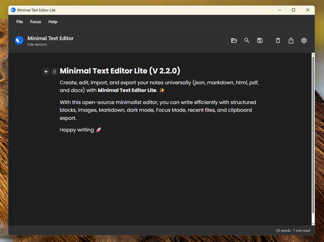 Interface do Minimal Text Editor Lite em modo escuro