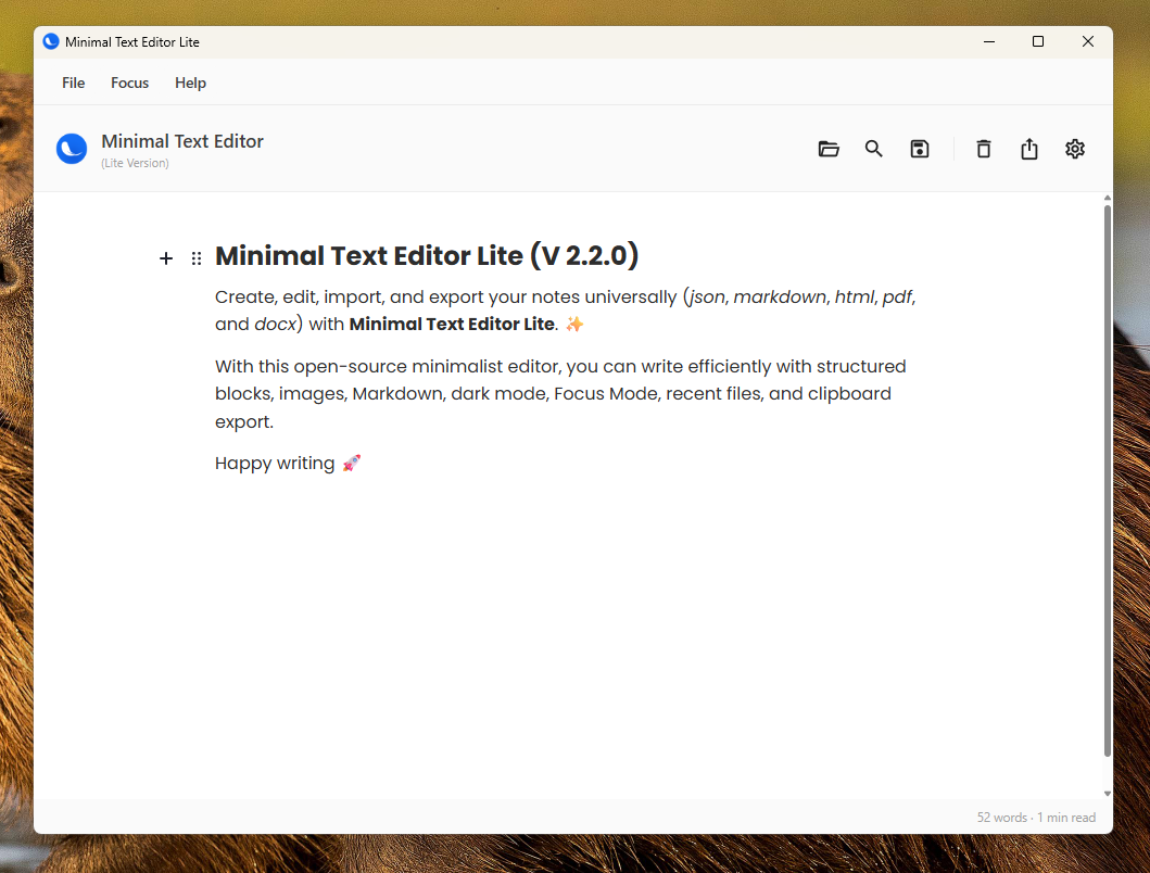 Screenshot do Minimal Text Editor Lite em modo claro