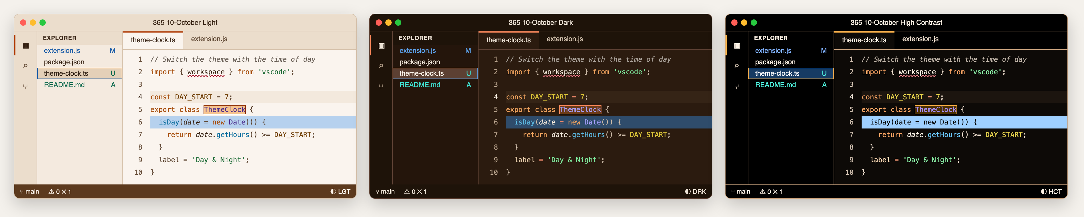 October Light, Dark and High Contrast themes in VS Code: explorer, tabs, syntax highlighting, text selection and status bar