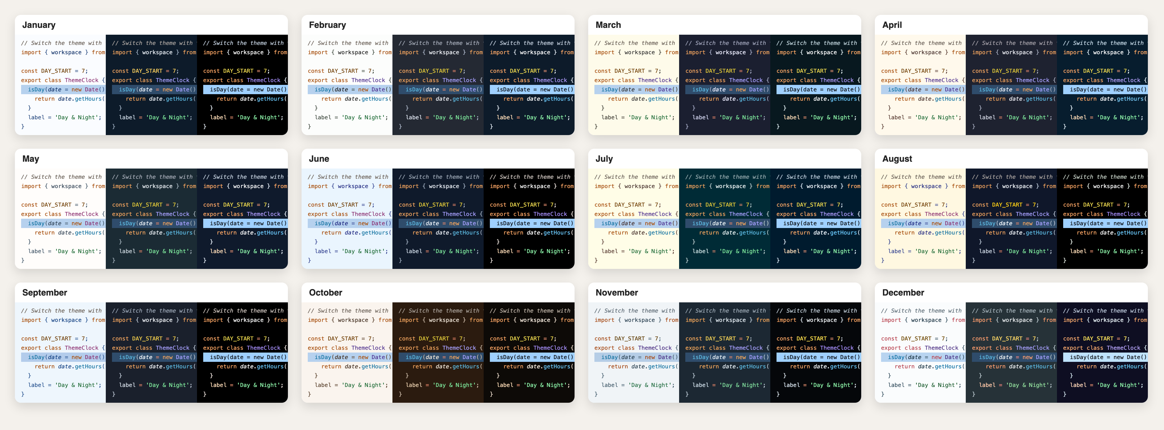 Preview of the 36 themes: a Light, Dark and High Contrast version for each month from January to December