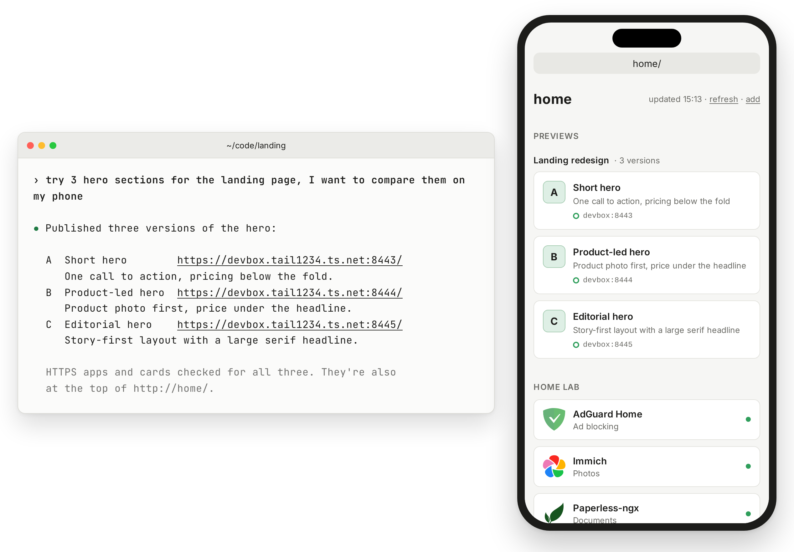 A coding agent in a terminal publishes three versions of a landing page hero and lists their links; on a phone, home/ shows them at the top as Landing redesign, 3 versions, with badges A, B and C.