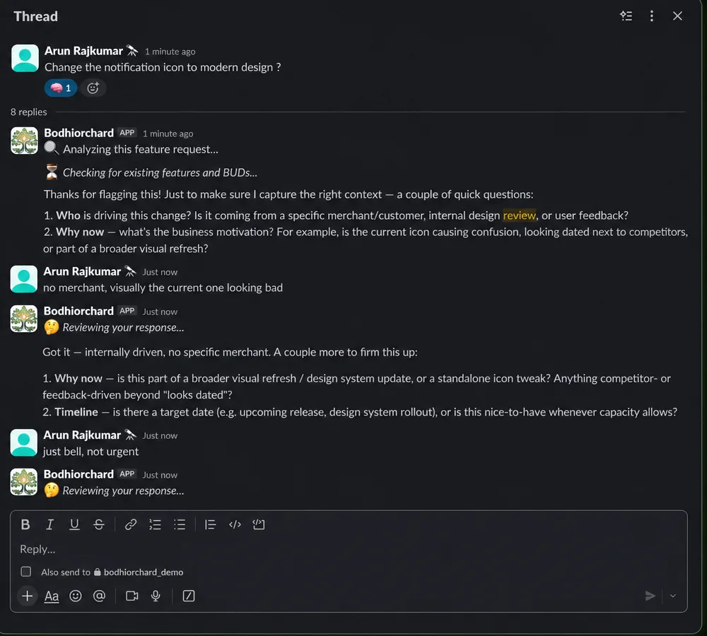 Slack triage — a message in, a BUD out