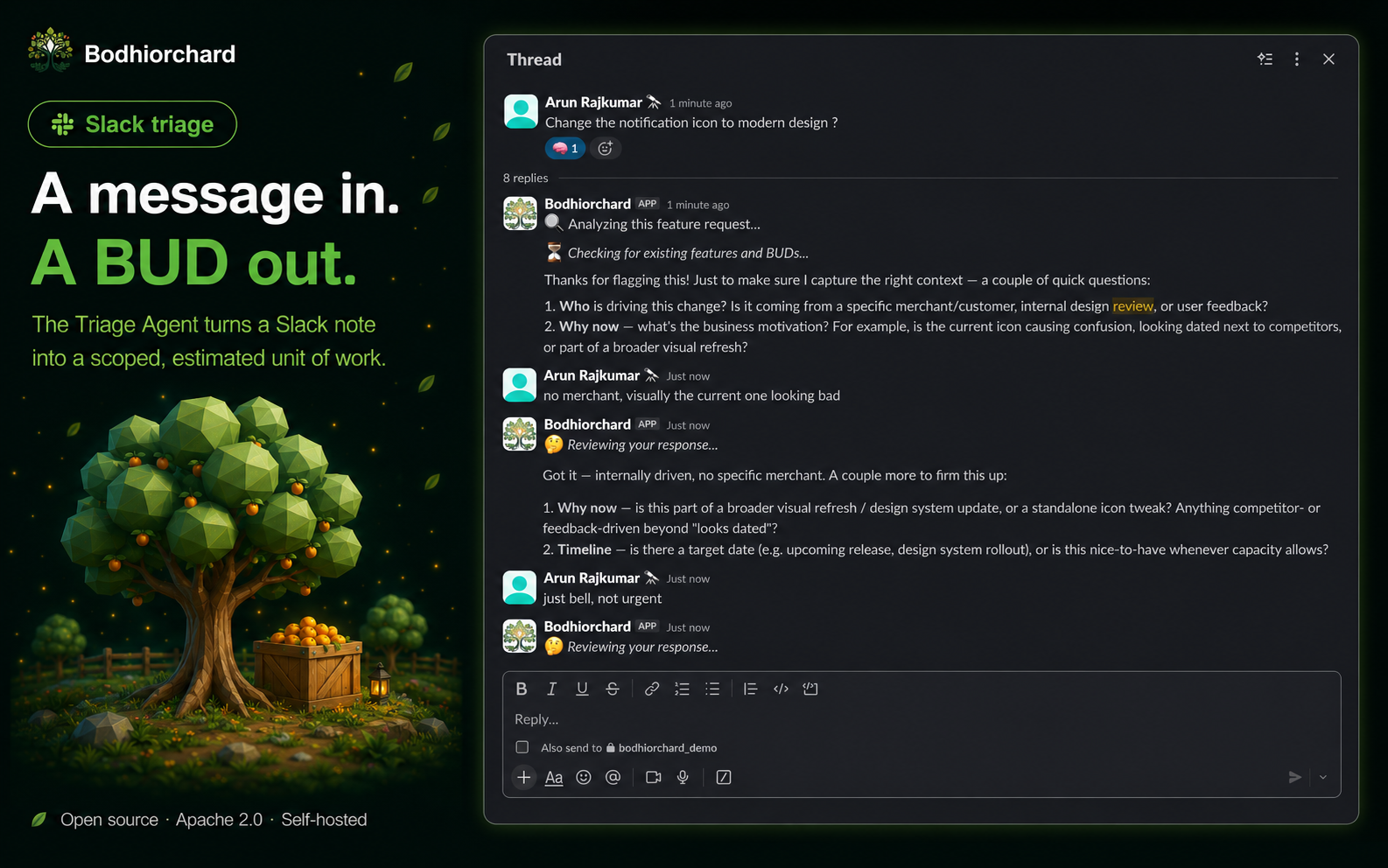 Slack triage — a message in, a BUD out