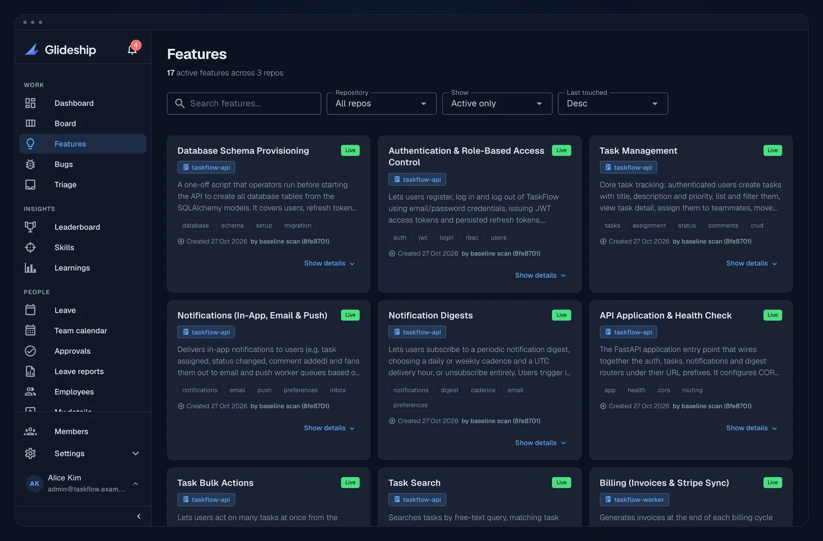 Feature registry — every feature, every dev at a glance