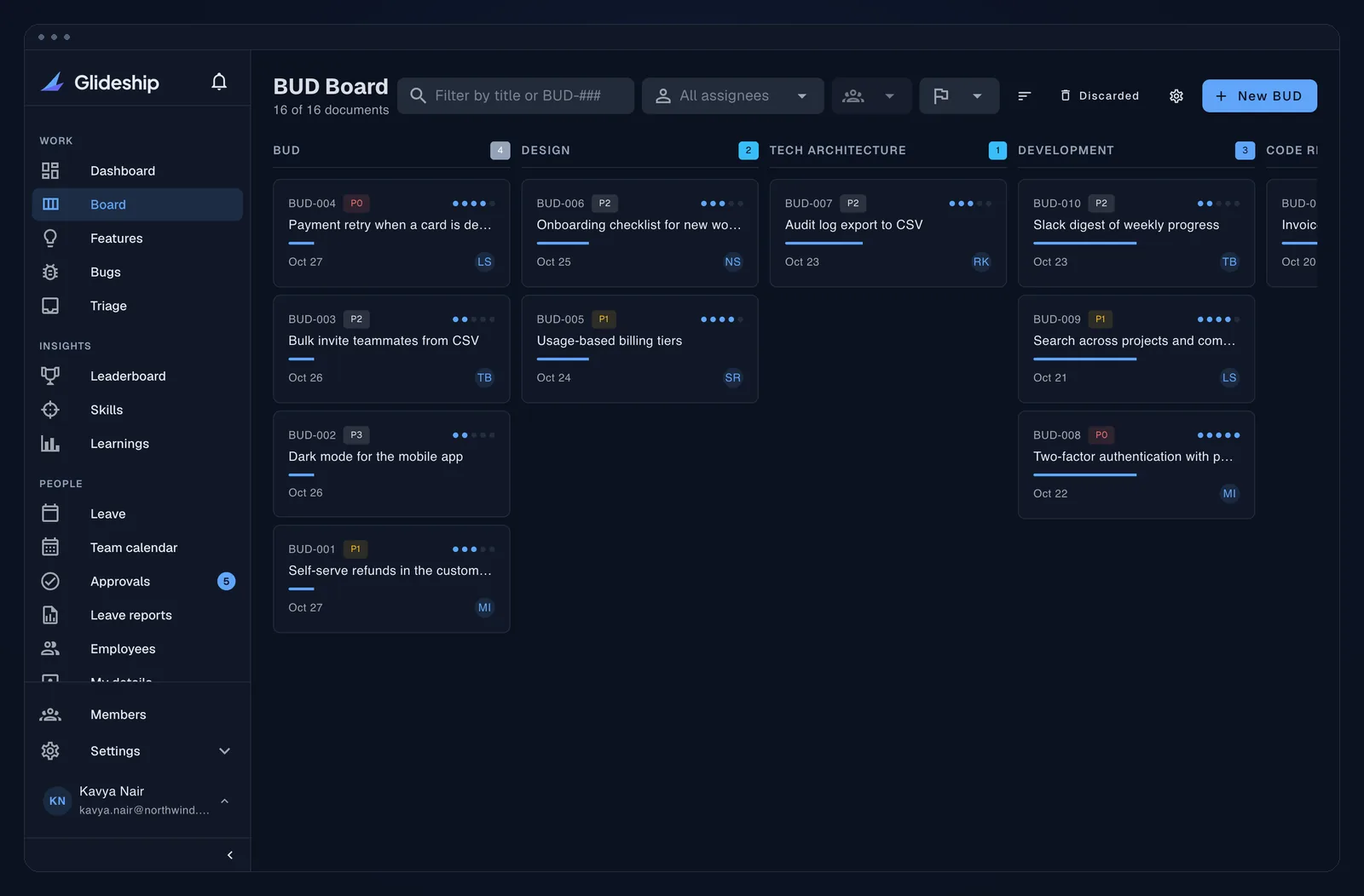 The BUD board — every feature tracked from backlog to production in one view