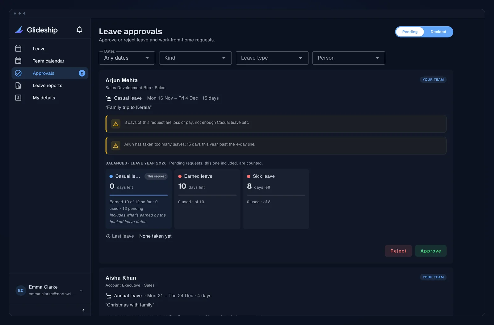 Approval queue with balance after, loss of pay and who else is out