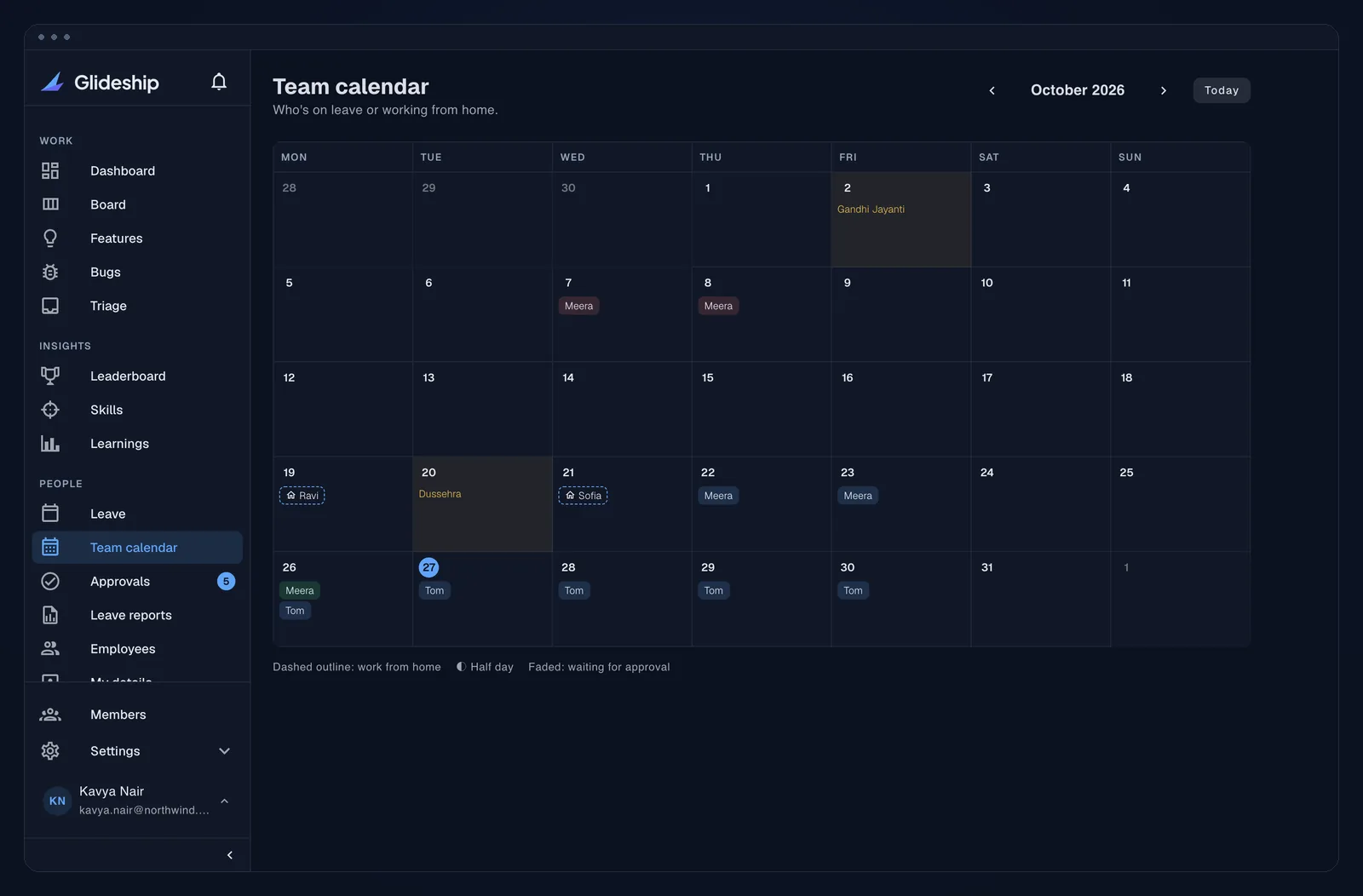 Team calendar with leave, work from home and public holidays