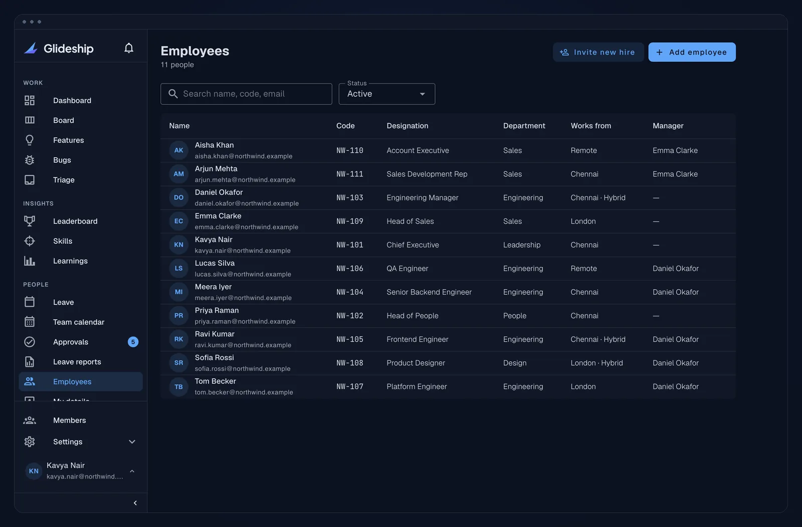 Employee directory showing office, work arrangement and manager