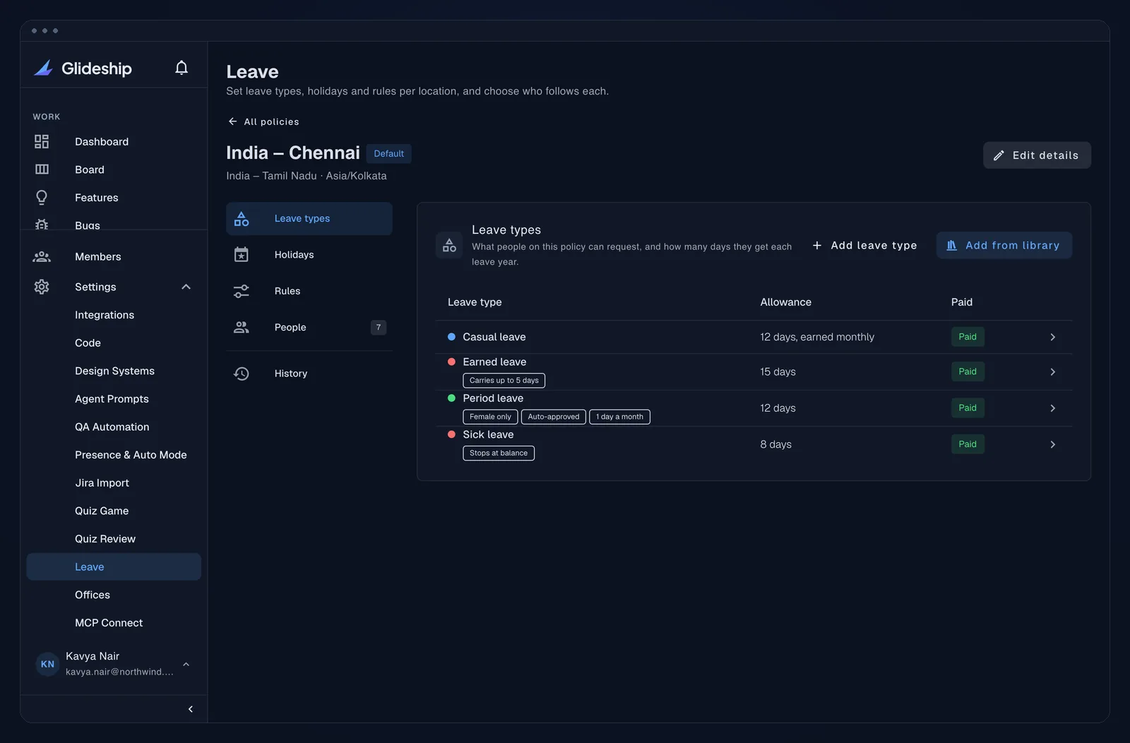 Leave policy settings with leave types, holidays, rules and people
