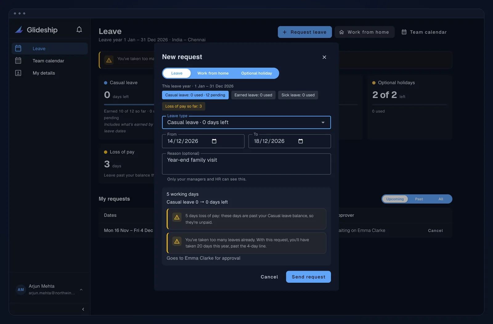 Request dialog showing working days and a loss-of-pay warning