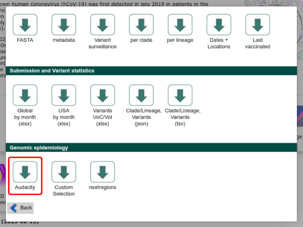 Screenshot from GISAID showing where to click to get the phylogenetic tree