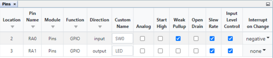 Interrupt on Change Pins Menu