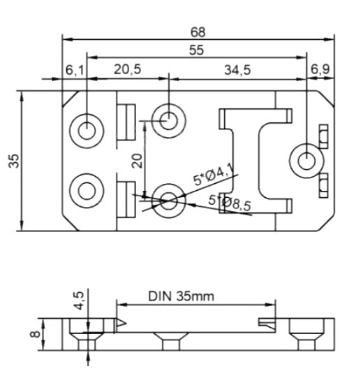 A-35-20 DIN Rail Fastener (35mm) – dimension drawing