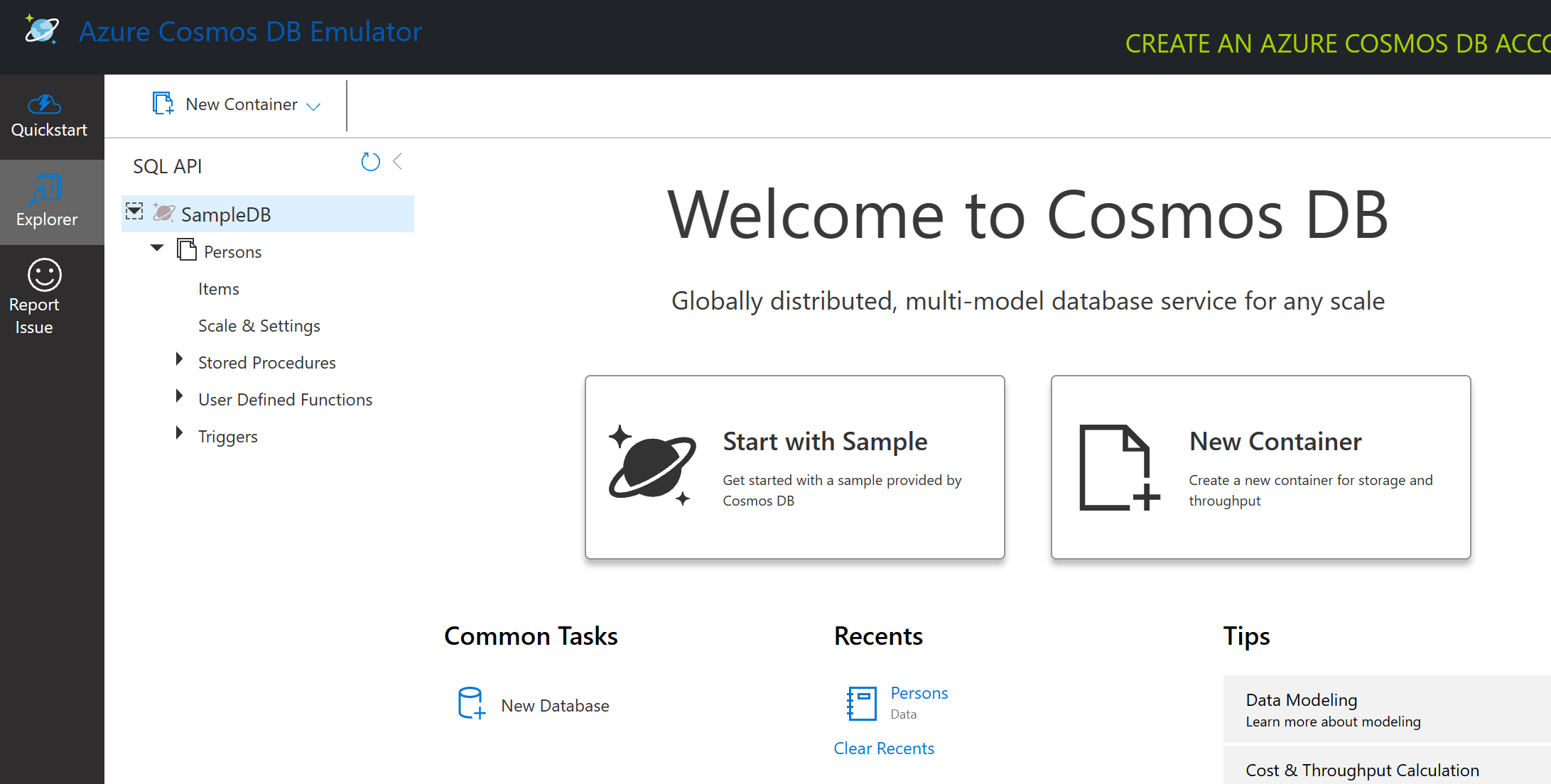 Cosmos DB 模拟器的 Explorer 视图