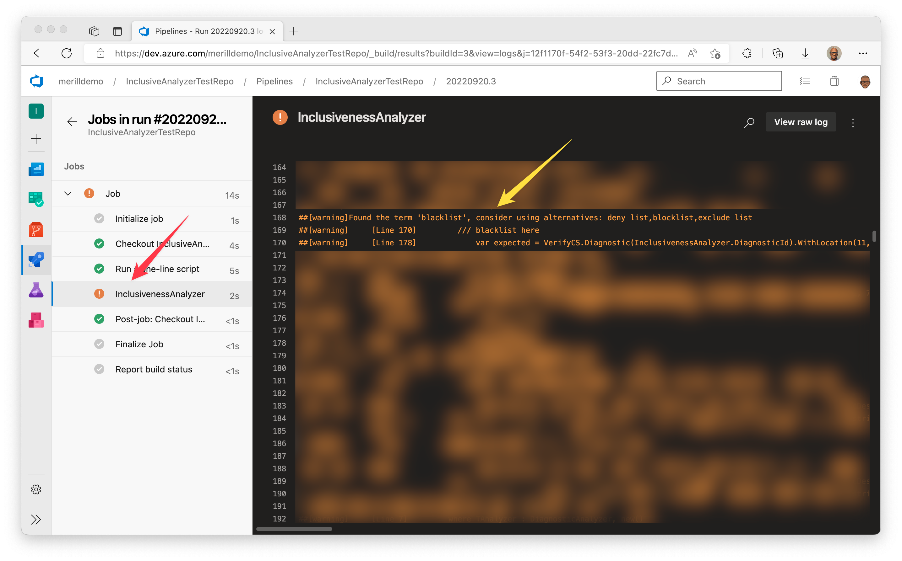 Screenshot showing Inclusiveness Analyzer warning of the work blacklist being used.