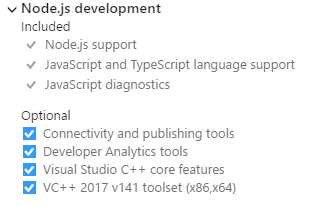 Node.js development options in the Visual Studio installer