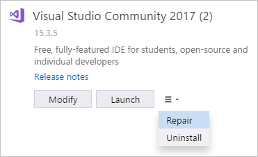 Launching, modifying, modifying, or uninstalling Visual Studio from the installer