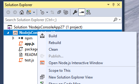 Node.js interactive window in project context menu