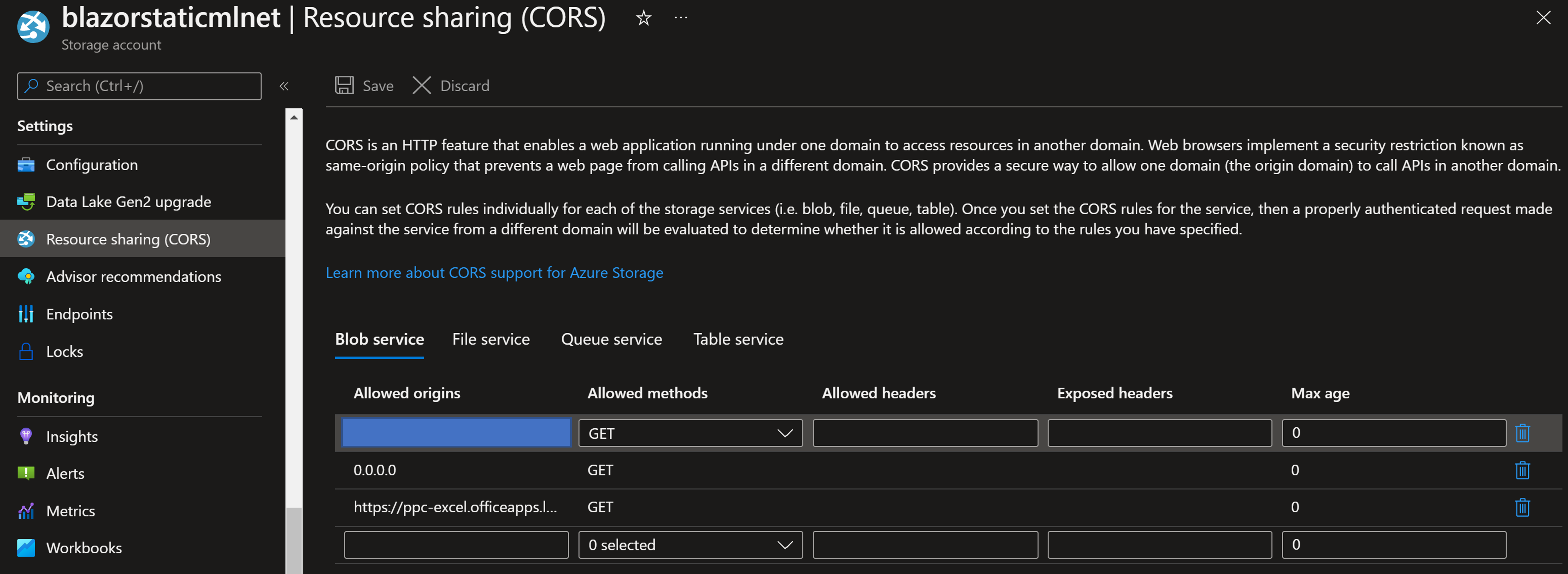 Azure Storage CORS settings