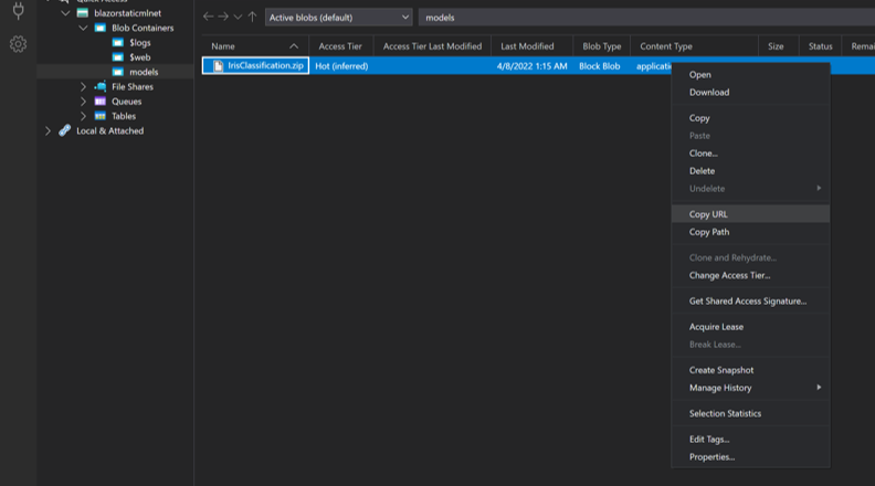 Copy container blob URL to clipboard in Azure Storage Explorer