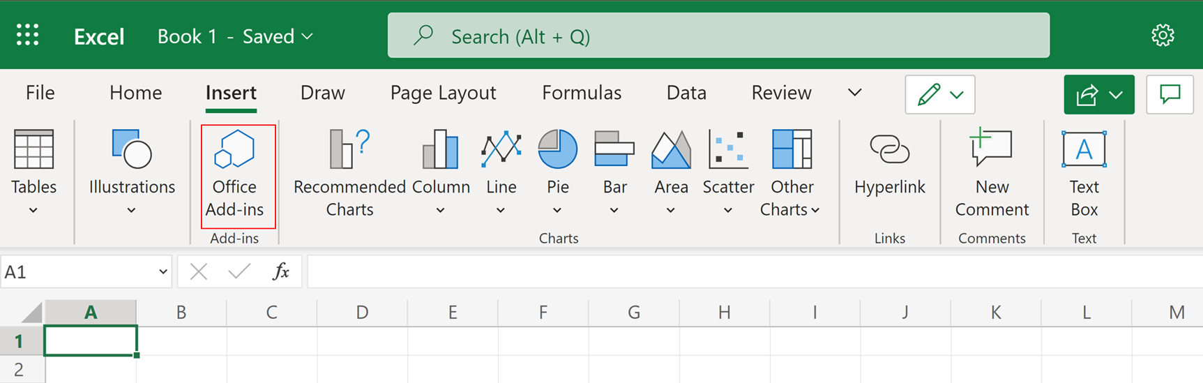 Excel for web workbook with office add-ins button highlighted by red rectangle