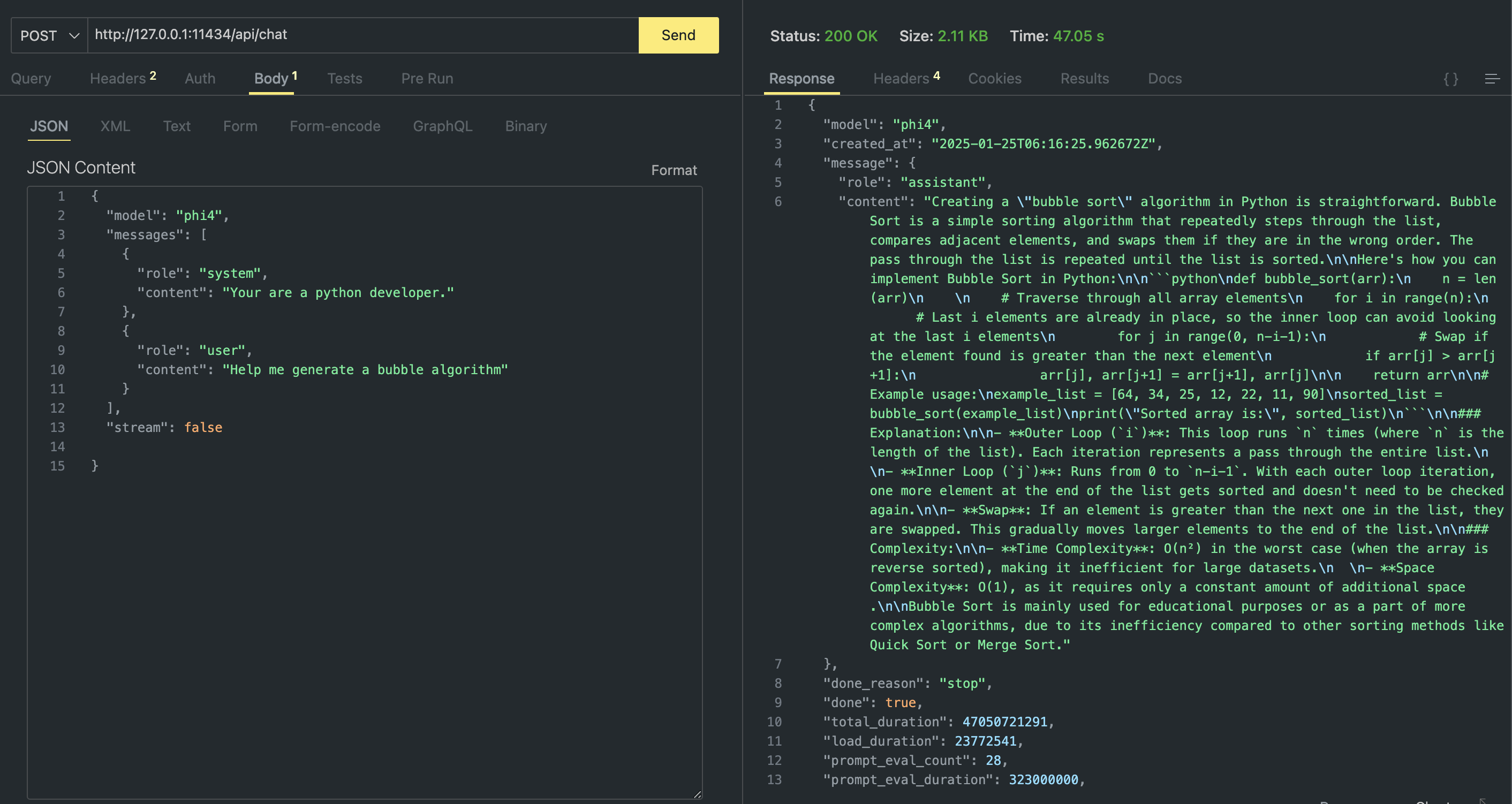 Screenshot of JSON results for generate request