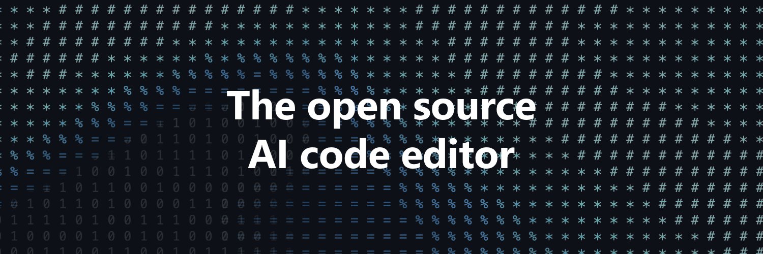 Dark background with symbols like #, *, %, and binary digits (0 and 1), featuring the central white text: "The open source AI code editor."