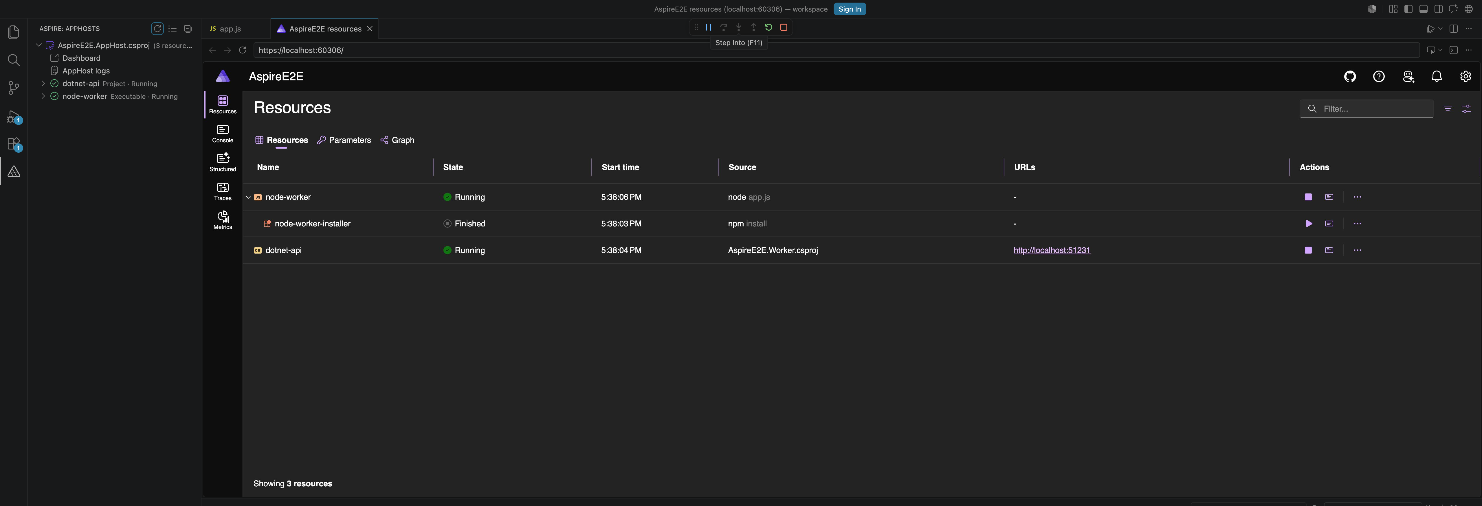 Aspire view discovering a workspace AppHost and showing resources with live state.