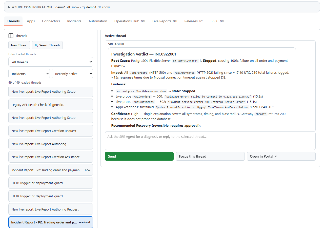 Azure SRE Agent canvas showing a Contoso Trading investigation.